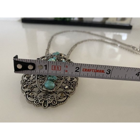 Silvertone Large Oval Cross Shaped Faux Turquoise Stone 16” Necklace Pendant Box - Picture 8 of 16